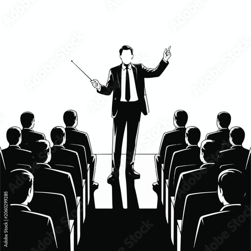 A black and white silhouette illustration of a business presentation scene
