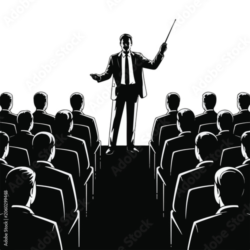 A black and white silhouette illustration of a business presentation scene

