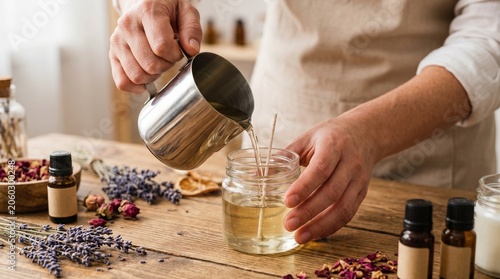 Handmade candle creation process, Pouring melted wax into jar, Artisan small business craft, DIY home workshop
