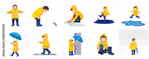 Fotografie Set of flat vector illustrations of a little boy in a yellow raincoat playing in