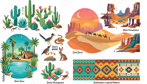 Foto Colorful desert and southwestern illustration with cactus, wildlife, dunes, and