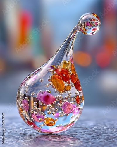 Glass Teardrop Vase with Colorful Flowers and Bubbles on Table