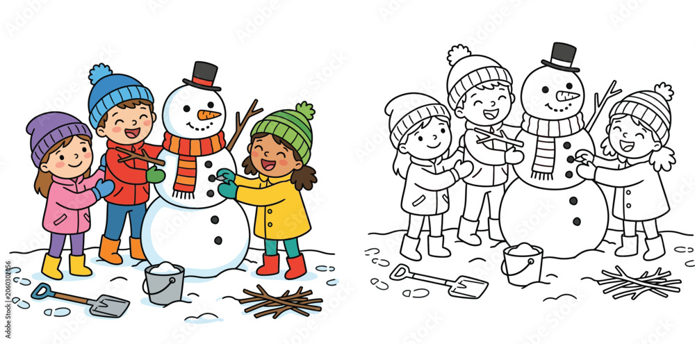 Fototapeta premium Winter sports coloring page vector illustration. Cute kid learning to ski with female instructor at ski school. Color and black white line art.