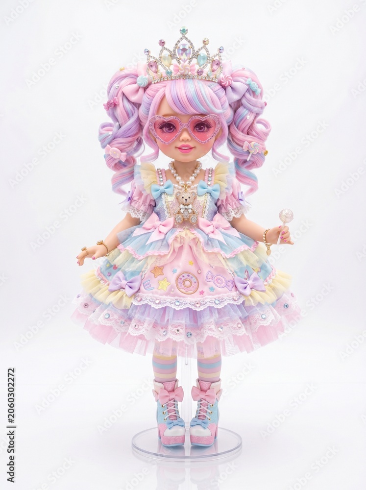 Fototapeta premium Kawaii pastel doll, adorable princess doll with rainbow hair and crown, cute fashion doll in a frilly dress, sweet collectible toy for children's themes isolated on White Background