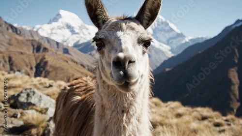 Docile Llama Portraits with Majestic Mountain Backdrop