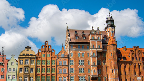 Hanseatic style brick facades and famous Naturalists House tower in Gdansk.