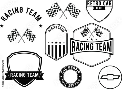 Racing Team Emblems with Checkered Flags Featuring Vintage Motorsport Badge and Shield Designs