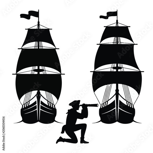 A black and white silhouette illustration of two sailing ships and a sailor. 
