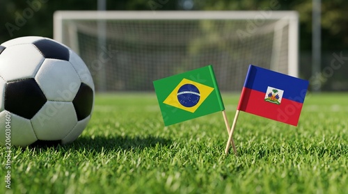 Brazil and Haiti National Flags with Close Up Soccer Ball on Grass Field for Football Tournament Championship Background