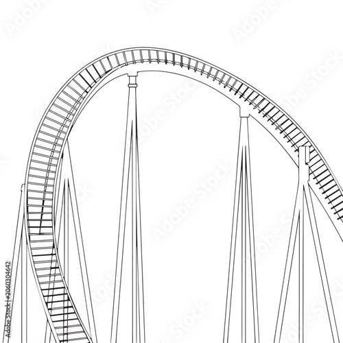 A black and white technical drawing of a curved roller coaster track 