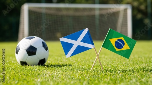 Scotland vs Brazil Football Match with National Flags and Soccer Ball on Green Pitch with Stadium Goal Background