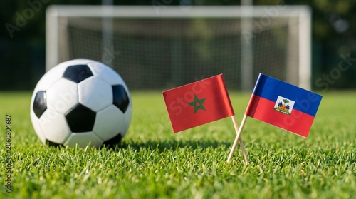 Morocco vs Haiti Football Match with National Flags and Soccer Ball on Grass Field and Blurred Goal Post Background