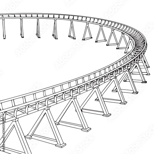 A black and white technical drawing of a curved roller coaster track 