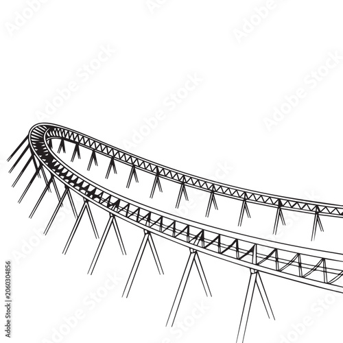 A black and white technical drawing of a curved roller coaster track 