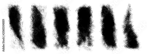 Set of six vertical black spray paint textures with a gritty, grainy splatter effect on a white background. Versatile collection of weathered ink stains and charcoal-like textures for graphic design