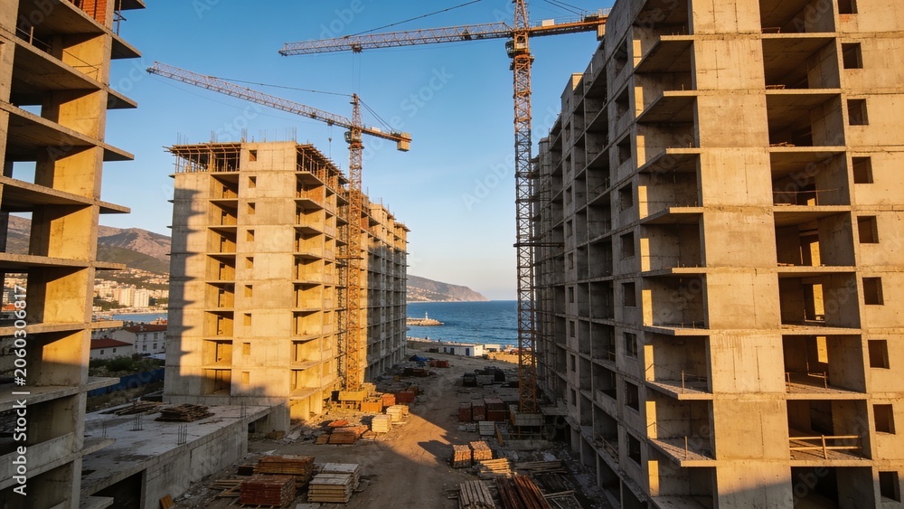 Naklejka premium Aerial view of a developing residential neighborhood in Novorossiysk, Russia, with high-rise apartment blocks under construction and towering cranes.