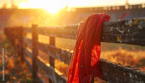 Vibrant red San Fermin scarf hanging from a weathered wooden fence post during a warm golden hour sunset