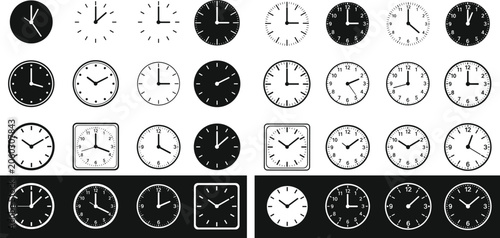 Konstfotografi Clock face variations set, black and white vector icons with different times, nu