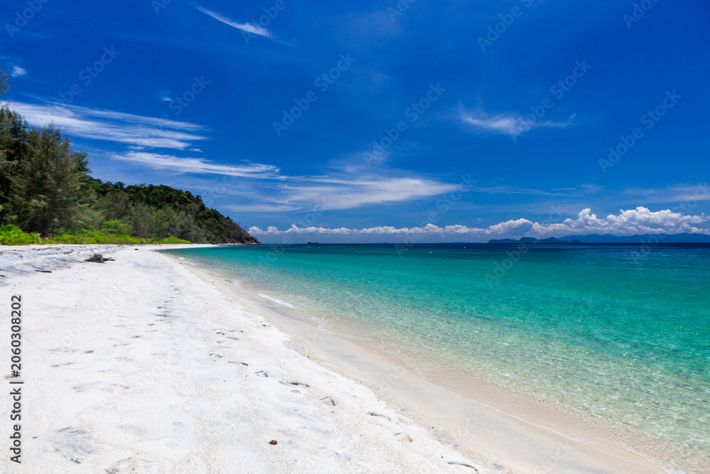 Obraz premium Koh Adang, Tarutao National Marine Park. White sandy beach meets turquoise Andaman Sea. Lush forested headland to the left. Clear sky and calm water.