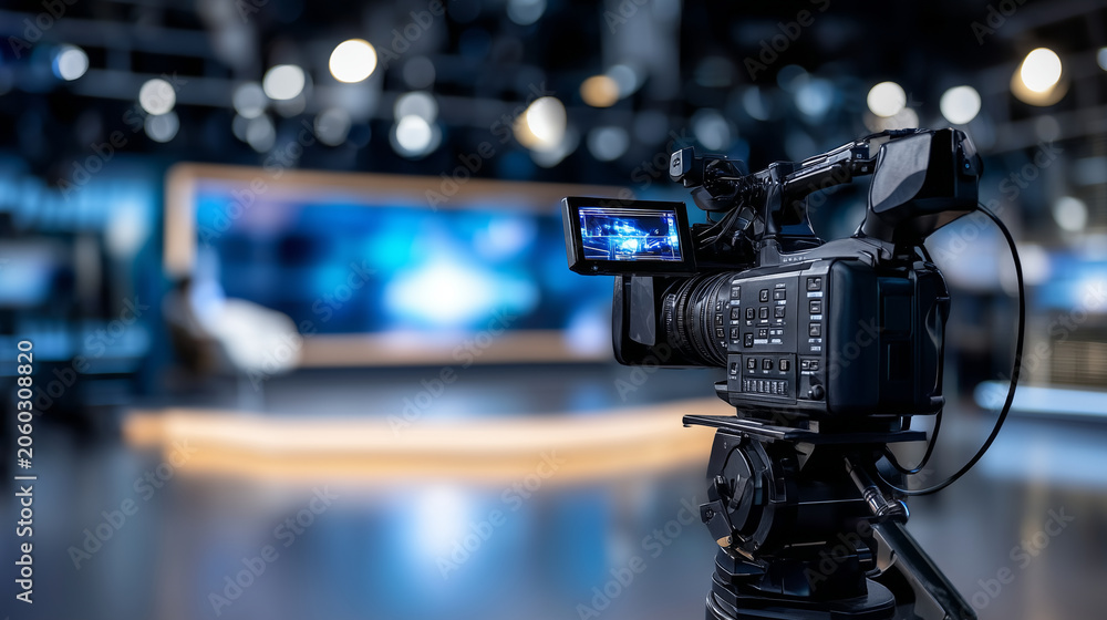 Fototapeta premium Professional television studio with broadcast camera filming news program, modern media production set with presenter desk, studio lights, live news background, journalism, broadca