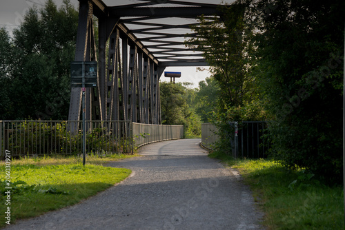 Steel Truss Pedestrian Bridge in Green Forest Landscape