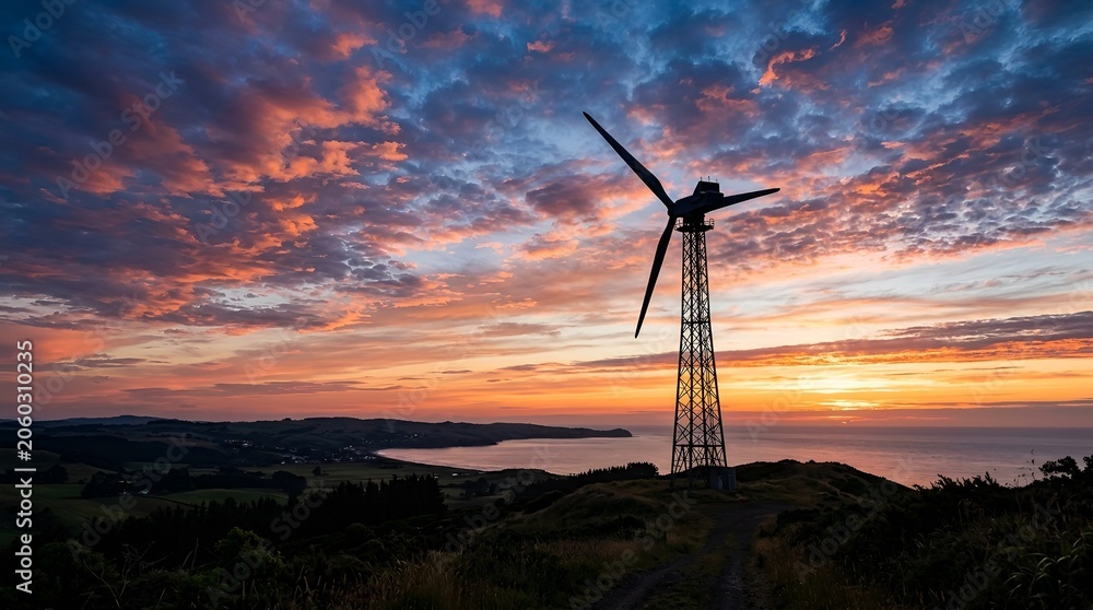 Obraz premium Silhouette wind turbine against dramatic sunset sky over ocean landscape