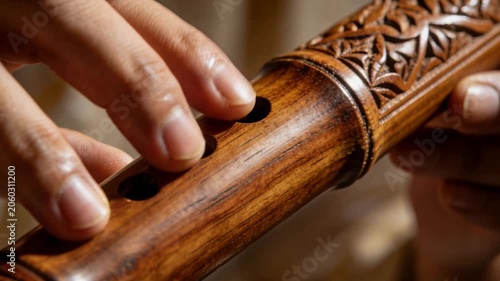 Placing fingertips then fingering musician's hands practicing scale on carved wooden flute at home