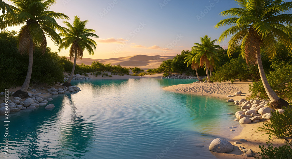 Fototapeta premium Tropical Oasis Serenity: Turquoise Water, Palm Trees, Sand Dunes at Sunset