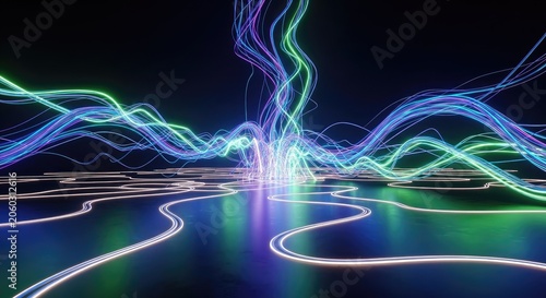 Abstract digital landscape of glowing energy trails on dark background