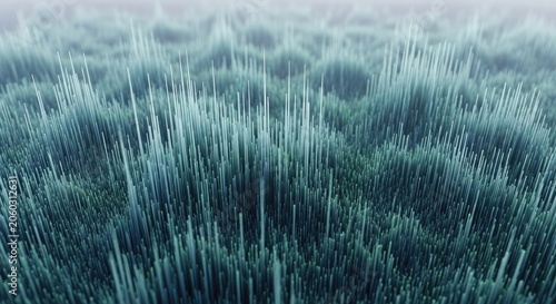 Abstract digital landscape of textured blue spikes with depth and mist effect