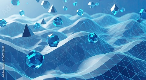 Abstract digital landscape with geometric shapes and a blue gradient