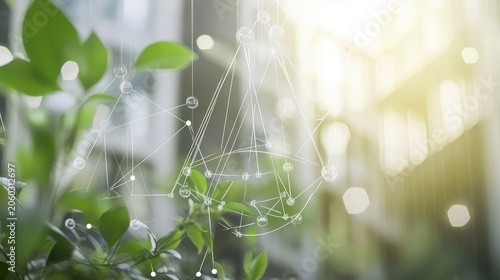Abstract molecular network overlaying lush green leaves, representing scientific connection and growth in nature