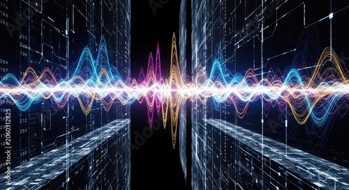 Abstract digital data visualization of audio waves in a futuristic setting