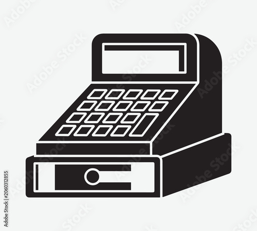 Black silhouette of a classic cash register with open drawer on a white background