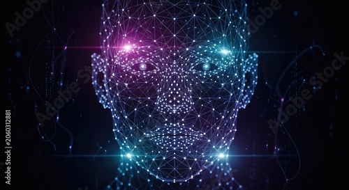 Abstract digital face representing artificial intelligence and network connections