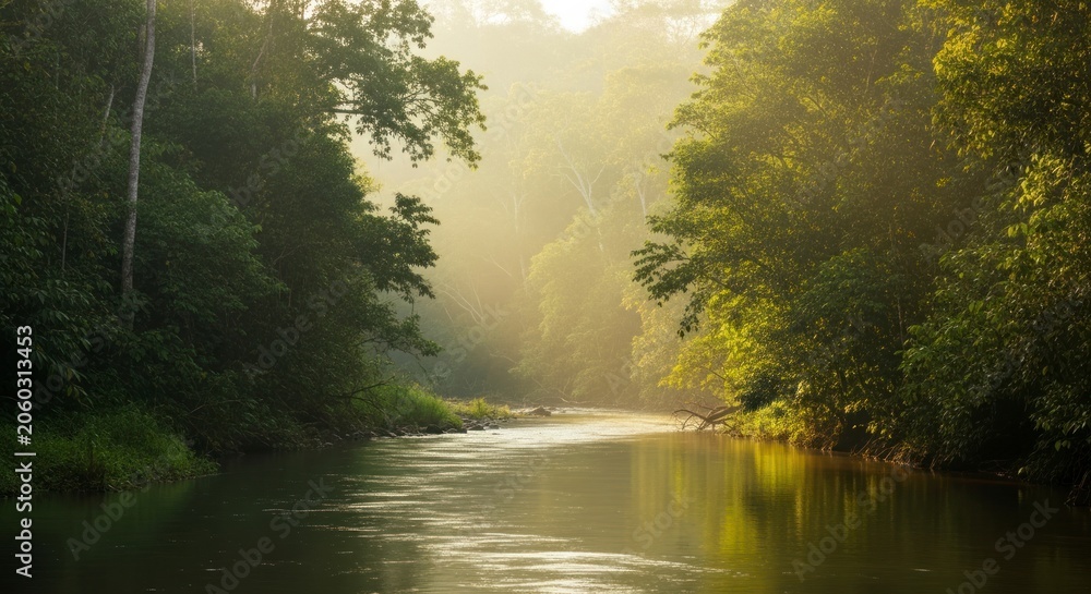 Fototapeta premium Golden Morning Haze Drifting Over a Serene, Winding Jungle River