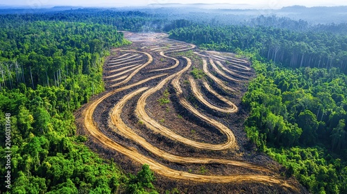 Devastated Forest Landscape Showing Deforestation Scars From Human Activity