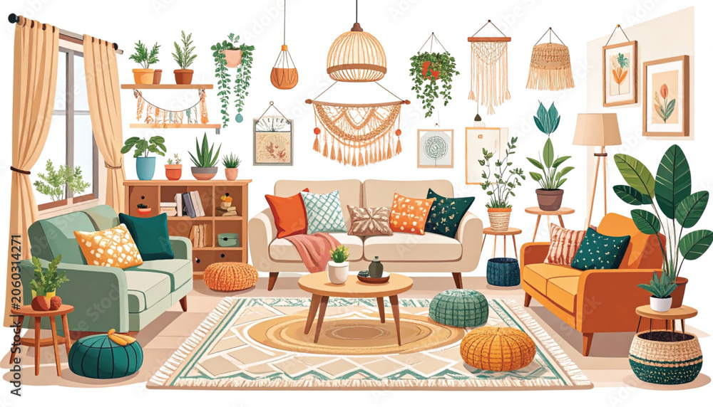 Obraz premium Vibrant bohemian style living room interior.