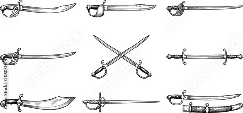Tableau sur toile Vintage Hand Drawn Sword Vector Set Featuring Cutlass, Saber, Rapier, Scimitar,