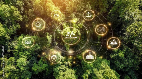 Environmental lawyers reviewing regulations with abstract shapes representing sustainability and ecological law concepts amidst a verdant forest canopy.