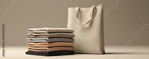 Eco tote bag neutral textile cotton canvas tote folded fabric stack beige cloth minimalist style sustainable fashion organic cotton soft material simple design reusable shopping