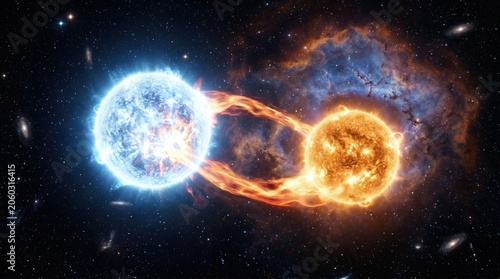 Celestial Dance of Blue and Orange Stars in Deep Space Background