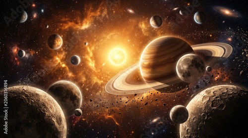 Stunning Cosmic Landscape with Planets and Colorful Nebulae