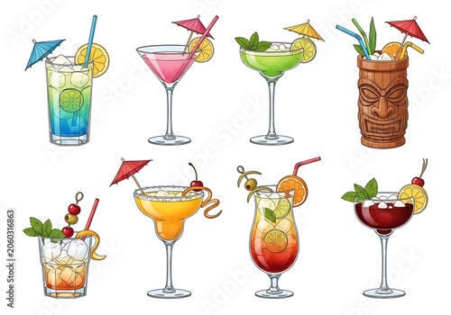 Colorful tropical cocktails with fruit and paper umbrellas