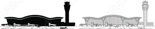 Fotografija Modern airport terminal building with control tower runway and airplanes silhoue