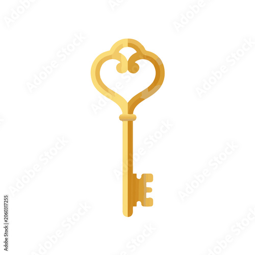 Golden antique key flat design icon featuring a decorative heart shaped bow for secure access and unlock concepts representing mystery