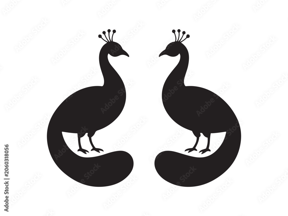 Fototapeta premium Two elegant peacocks facing each other during a symmetrical display in silhouette vector style isolated on white background