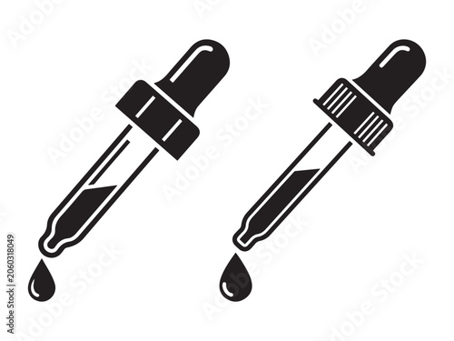 Two dropper icons with liquid drops falling during a scientific experiment on a clean white background