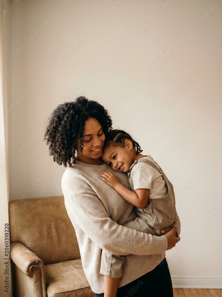 Obraz premium Tender Moment Between Mother and Child in Casual Neutral Clothing