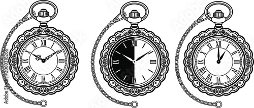 Bild auf Leinwand Set of vintage pocket watch icons with chains and Roman numerals line art isolat